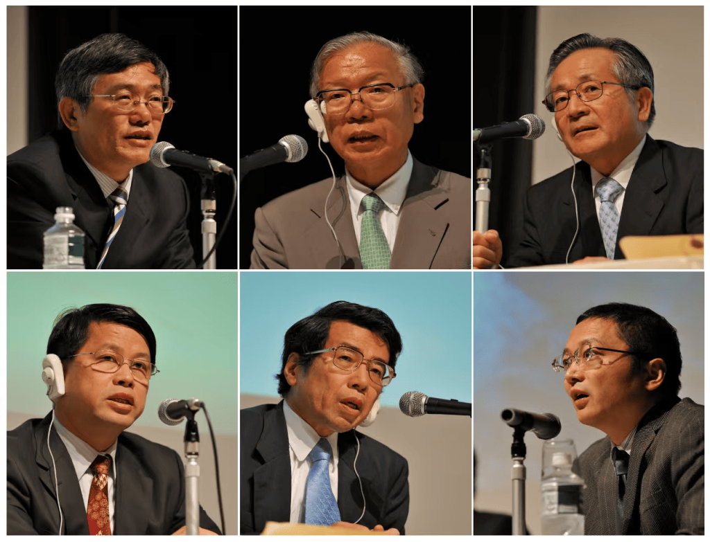 登壇者:楊偉民氏、髙木勇樹氏、安斎隆氏(上段左から)、胡存智氏、杉本和行氏、周牧之教授(下段左から)